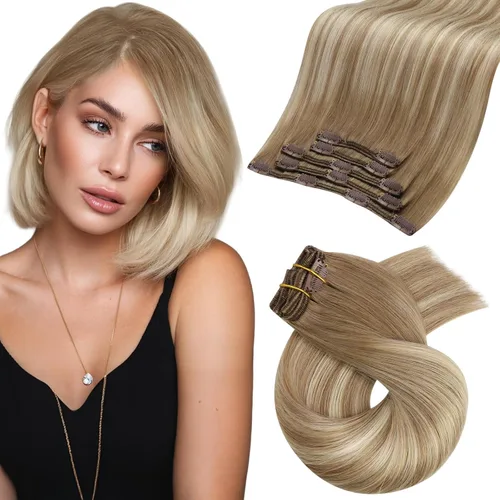 Vista 25 de Moresoo Extensiones de cabello humano con clip, balayage, color marrón oscuro a marrón dorado con clip, extensiones de cabello humano con clip, 5