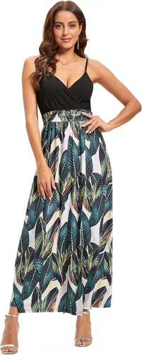 Vista 3 de Newshows - Vestido largo de verano con cuello en V para mujer, con tirantes delgados, sin mangas, con estampado floral, casual y con apertura lateral