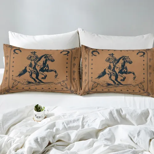 Vista 4 de Manfei Juego de funda de edredón de vaquero occidental, tamaño individual, juego de ropa de cama con estampado de herradura de calavera de toro