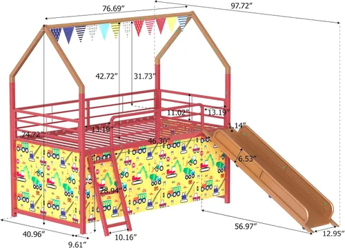 Vista 2 de Cama tipo loft de metal tamaño individual con tobogán y cortina, cama tipo loft con escalera y riel de seguridad, marco de cama tipo loft para niños