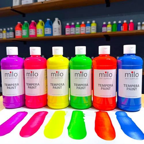 Vista 4 de milo Pintura de témpera fluorescente neón lavable, botellas de 16 onzas, 6 colores, fabricada en los Estados Unidos, brilla con luz ultravioleta