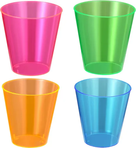 Vista 4 de 250 vasos desechables de plástico, vasos de fiesta multicolor neón de 1 onza, vasos desechables de plástico duro para margarita, whisky