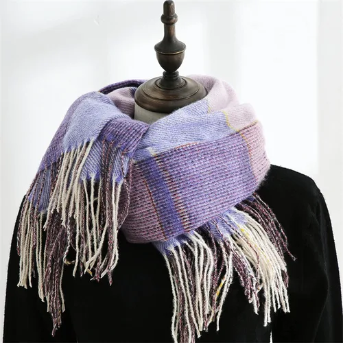 Vista 2 de Bufandas de invierno para mujer, bufanda a cuadros con borla, elegante bufanda de cachemira para mujer