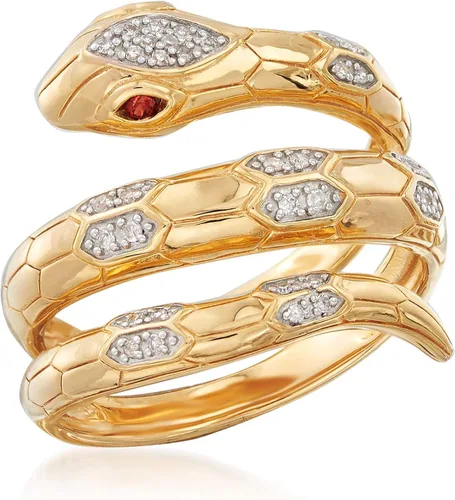 Vista 4 de Ross-Simons 0.10 ct. t.w. Diamond Snake Wrap Ring With Garnet Accents in 18kt Gold Over Sterling