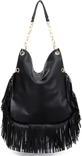 Vista 3 de Teanea Bolso tipo hobo de cuero sintético con flecos, bolso cruzado grande con tachuelas para mujer