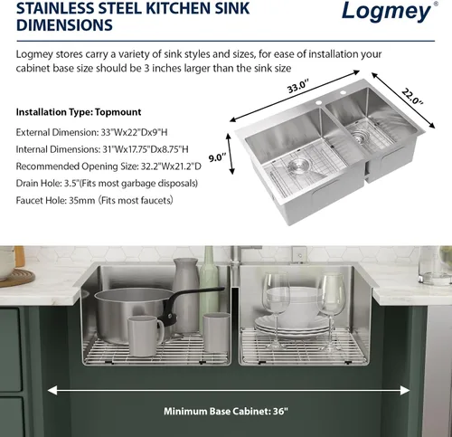 Vista 5 de Logmey Fregadero de cocina de doble tazón Acero inoxidable