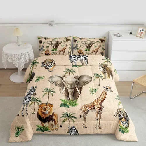 Vista 32 de Feelyou Juego de edredón de animales de la selva para todas las estaciones, juego de ropa de cama con 1 funda de almohada de microfibra de elefante