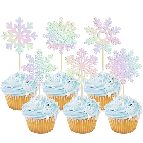 Vista 10 de Gyufise 24 piezas de copos de nieve Oh Baby Cupcake Toppers Glitter Winter Frozen Baby Shower Cupcake Picks para invierno, país de las maravillas