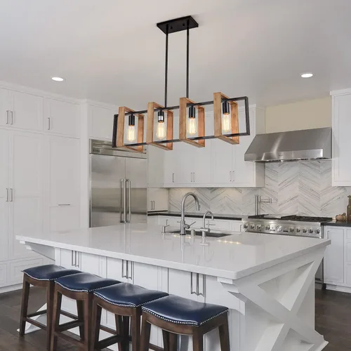 Vista 7 de Lámpara colgante de comedor de granja, para isla de cocina, rústica, 4 luces, madera y metal negro, lámpara rectangular para colgar en el techo