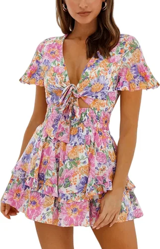 Vista 3 de Relipop Vestido floral de verano para mujer cuello en V lazo en el busto manga acampanada cintura elástica dobladillo con volantes vestidos casuales