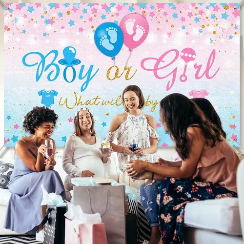 Vista 6 de Fondo de revelación de género para niño o niña, fondo azul y rosa para fiesta de revelación de género, cartel con texto en inglés «What Will Baby