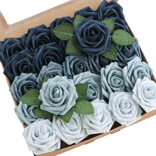 Vista 13 de Floroom Flores artificiales, 25 piezas de rosas falsas de espuma de color verde azulado de aspecto real con tallos para bricolaje, ramos de boda