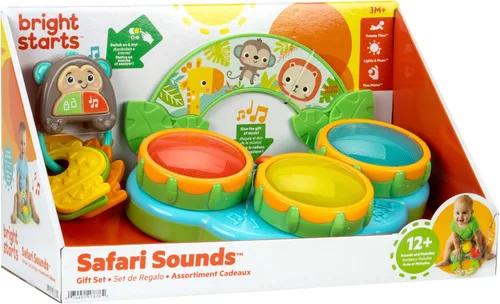 Vista 9 de Bright Starts Set de Regalo Safari Sounds, Paquete de 2 Juguetes para Bebé para Llevar, Juguete Musical de Tambor y Juguete de Llaves de Carro
