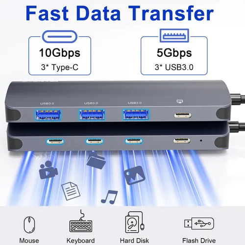 Vista 5 de Hub USB C 8 en 1, Hub de salida de video USB C con 4K a 60Hz, divisor USB C de 10 Gbps, carga PD de 100 W, transferencia de datos, adaptador