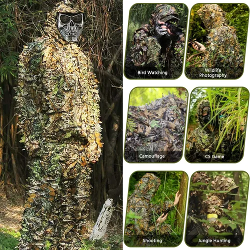 Vista 8 de Traje Ghillie, traje de camuflaje frondoso 3D, ropa de camuflaje de caza, ropa de bosque para caza, Airsoft, fotografía de vida silvestre