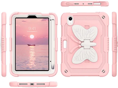 Vista 8 de DUEDUE Funda para iPad mini 7 (A17 Pro) 2024, iPad mini 6 2021, alas de mariposa con soporte para lápiz, funda protectora a prueba de golpes