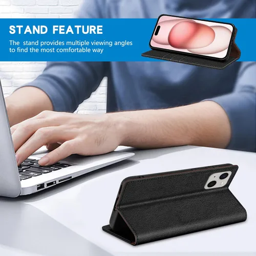Vista 5 de ZZXX Funda tipo cartera para iPhone 15 con bloqueo RFID, soporte de ranura para tarjetas, funda protectora de cuero magnético fuerte plegable