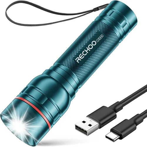 Vista 14 de RECHOO Linternas recargables de alta luminosidad, G1000 súper brillante, pequeña linterna LED con zoom y 3 modos de iluminación, linterna táctica