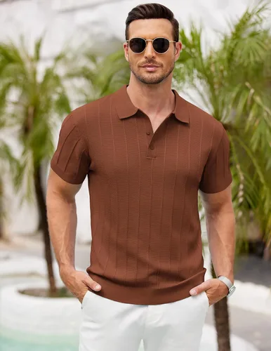 Vista 137 de COOFANDY Camisas polo de punto para hombre de manga corta con textura acanalada Camisas de golf casuales y ligeras con cuello Camiseta de polo