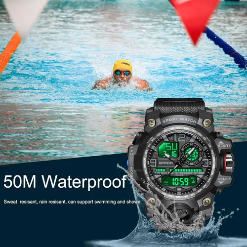 Vista 2 de WISHFAN Reloj militar para hombre, de doble pantalla, impermeable, deportivo, digital, muñeca grande, con alarma