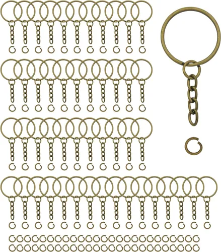 Vista 7 de 100 juegos de llaveros de 1 pulgada, llavero redondo dividido dorado con cadena y anillos de salto abiertos para hacer llaveros de bricolaje
