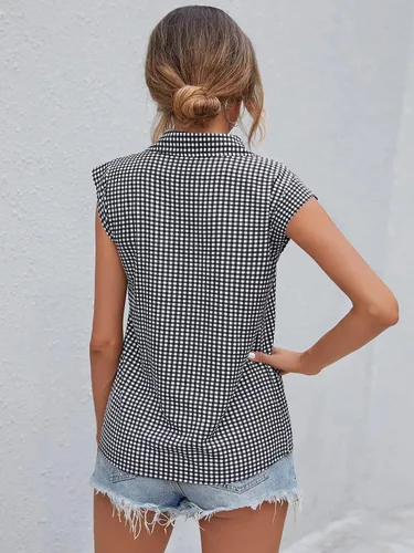Vista 2 de SOLY HUX Women's Plaid Button Down Shirt Cap Sleeve Pocket Front Summer Tops Blouse