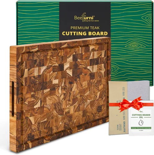 Vista 7 de Tabla de cortar de madera de teca de grano final (M, 18x14x1.5"), tablas de cortar de madera para cocina con ranura para jugo y agarre manual, tabla