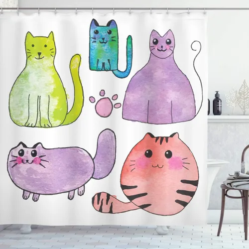 Vista 41 de Ambesonne Cortina de ducha de gato, diseño bohemio de estilo étnico con poses de gatitos sentados y acostados, juego de decoración de baño de tela