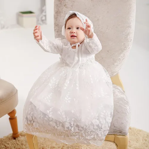 Vista 3 de Vestido de bautismo para niña, 3 piezas, bordado, formal, para fiesta, boda