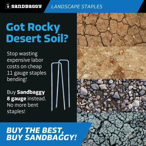 Vista 4 de Sandbaggy Grapas de césped para paisaje de 6 pulgadas (acero calibre 8) Ideal para suelos duros y rocosos 40% más grueso que el calibre 11
