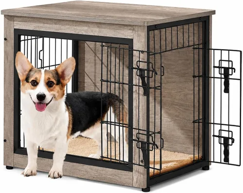 Vista 12 de Yaheetech 32" Mesa auxiliar de jaula para perros con cojín, jaula de madera para perros con puertas dobles/pies ajustables, mesa auxiliar lateral