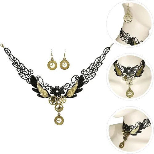 Vista 8 de Generic Gargantilla de encaje gótico, aretes vintage, collar steampunk, gargantilla de engranaje, accesorios de disfraz para mujeres y niñas, 3