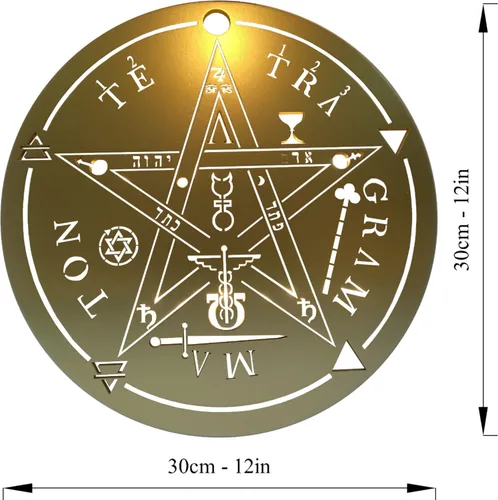 Vista 3 de Pentagrama de madera hecho a mano de 12 pulgadas con tetragrama grande y símbolos elementales, estrella empoderadora con nombres de Dios