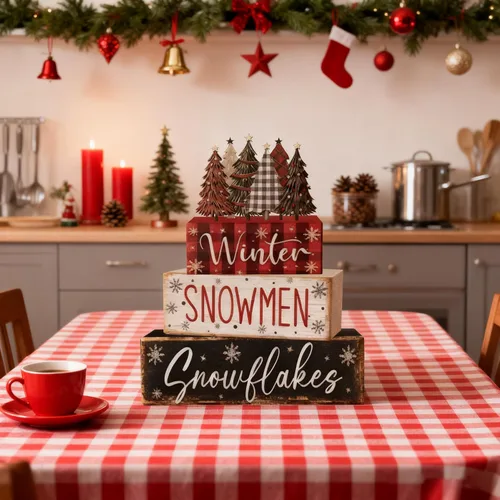 Vista 7 de 4 piezas de decoraciones navideñas para interiores - Decoración de mesa de árbol de Navidad de madera para el hogar - Centro de mesa navideño