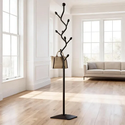 Vista 9 de Perchero con forma de árbol, árbol de abrigos independiente con 8 ganchos y base de metal resistente para abrigos, sombreros y bolsos, soporte