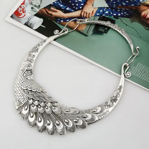 Vista 3 de YAZILIND Collar grueso con pechera de pavo real, bohemio, vintage, chapado en plata, étnico, collar de clavícula, joyería, Metal, No es una piedra