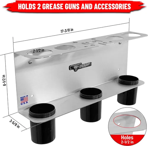 Vista 2 de Pit Posse PP3363 Soporte de tubo para pistola de grasa de mano, fabricado en Estados Unidos, con capacidad para 2 pistolas de grasa, organizador