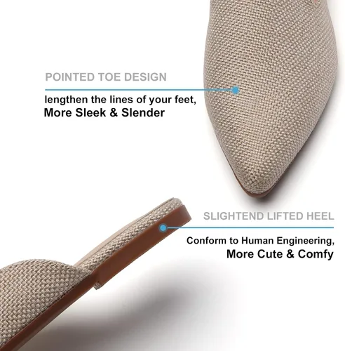 Vista 4 de Tilocow Mules para mujer, cómodos mocasines puntiagudos, sin espalda, planos, zapatos casuales de negocios, deslizantes, sin cordones beige