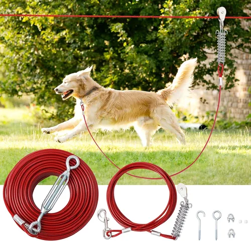 Vista 8 de Correa Corrediza para Perros de 50 Pies para Patio con Cable de Sujeción de 10 Pies - Sistema de Polea Resistente para Perros Grandes de Hasta 250