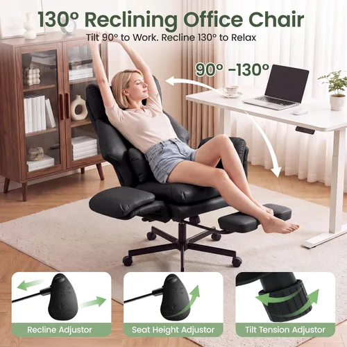 Vista 3 de Silla cruzada con reposapiés, silla de oficina grande y alta con brazos Cuero Pu Negro