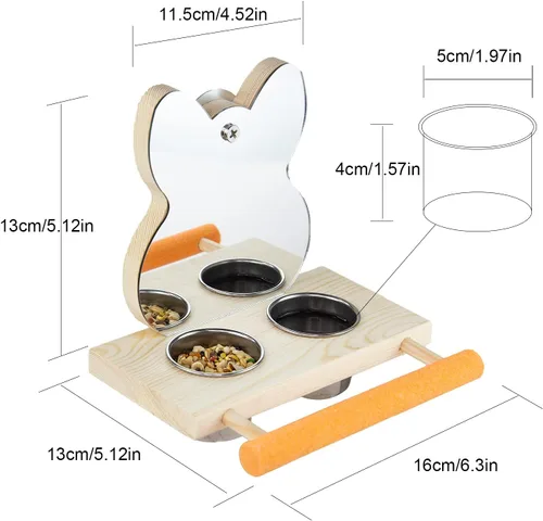 Vista 4 de Juguete de espejo de loro con tazas de alimentación de acero inoxidable, marcos de madera para pájaros con perca de jaula para periquitos pequeños