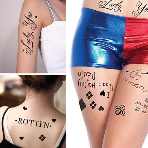 Vista 3 de 3 hojas de tatuajes temporales de sede del escuadrón suicida, calcomanía de tatuaje HQ perfecta para Halloween, cosplay, disfraces y accesorios