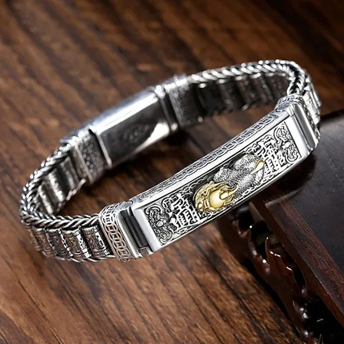 Vista 2 de Pulsera giratoria de plata esterlina S925 Feng Shui PIXIU para hombresmujeres, atrae riqueza dinero y buena suertepulsera tibetana de oración