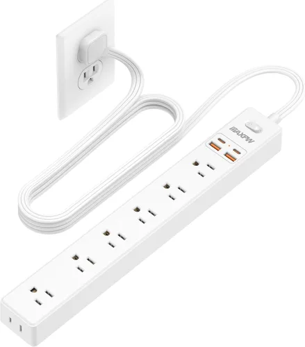 Vista 10 de Regleta protectora de sobretensiones de 10 pies, 7 tomacorrientes, 4 puertos USB (2 USB C), cable de extensión plano ultrafino y enchufe plano, 1700