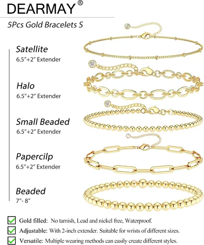 Vista 5 de DEARMAY Juego de pulseras de oro para mujer, a la moda, delicadas, chapadas en oro real de 14 quilates, apilables