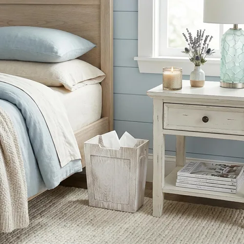 Vista 5 de TOPZEA Basurero de madera, papelera de granja con asa, cesta de basura de madera rústica, rectangular, pequeño, decorativo, contenedor de basura