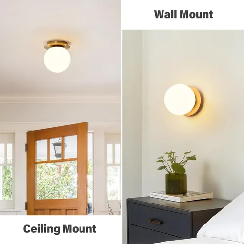 Vista 2 de Aplique de pared moderno de globo de vidrio: Luz de apliques esféricos dorados - Accesorio de luces de bola individual de latón pequeño para tocador