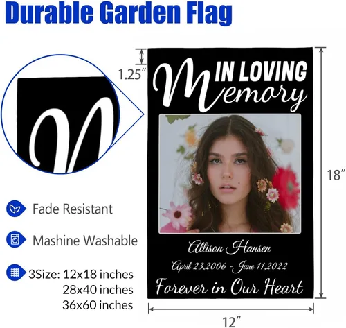 Vista 6 de LATHIFA Banderas conmemorativas personalizadas, banderas de jardín personalizadas en memoria amorosa con nombre, fecha y foto para decoración
