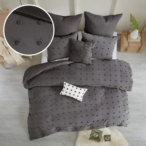 Vista 12 de Intelligent Design - Juego de edredón de algodón con mechones jacquard y diseño de pompones para todas las estaciones, con fundas a juego, almohadas