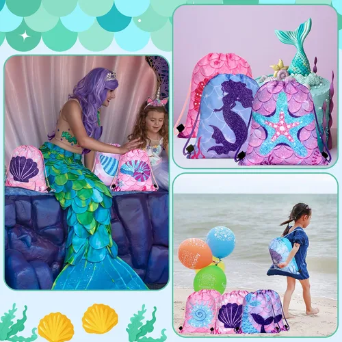 Vista 3 de 16 bolsas de regalo de fiesta de sirena, bolsas de regalo con cordón para fiesta de sirena, bolsas de regalo bajo el mar del océano, bolsas